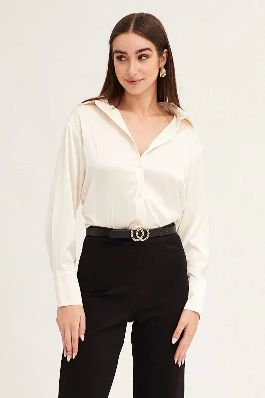 White Satin Shirt Long Sleeve Collared Longline