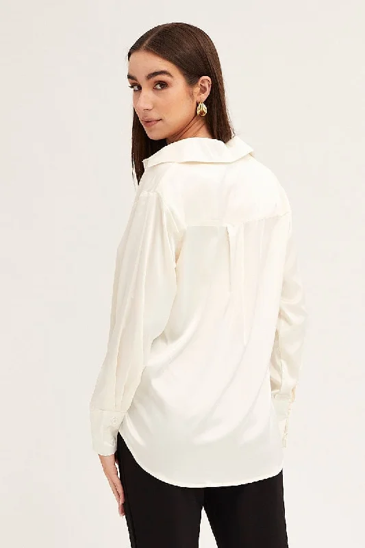 White Satin Shirt Long Sleeve Collared Longline