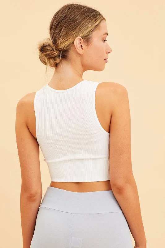 White Seamless Tank Top High Neck Rib Crop