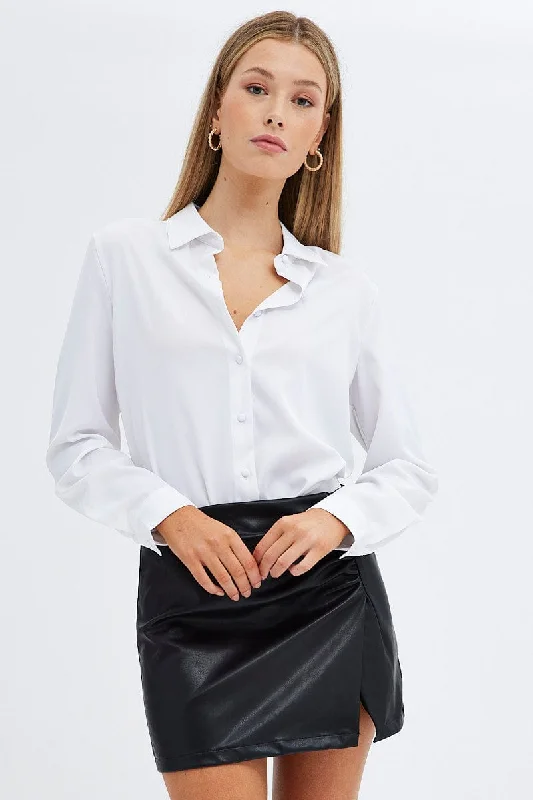 White Shirt Long Sleeve Collared Longline Matte Satin