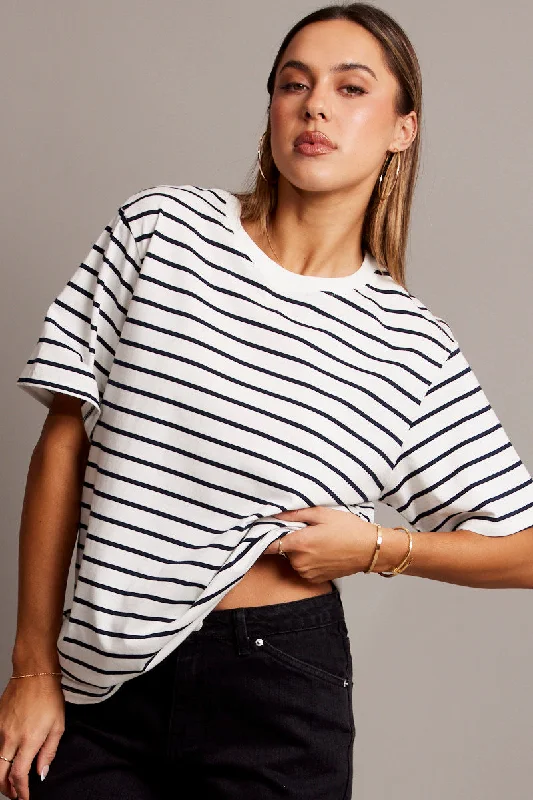 White Stripe Oversized T Shirt Short Sleeve Crew Neck