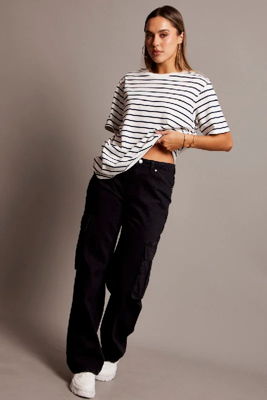 White Stripe Oversized T Shirt Short Sleeve Crew Neck