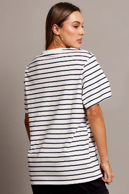 White Stripe Oversized T Shirt Short Sleeve Crew Neck