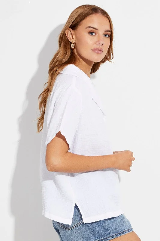 White Textured Shirt Short Sleeve Collared Cotton