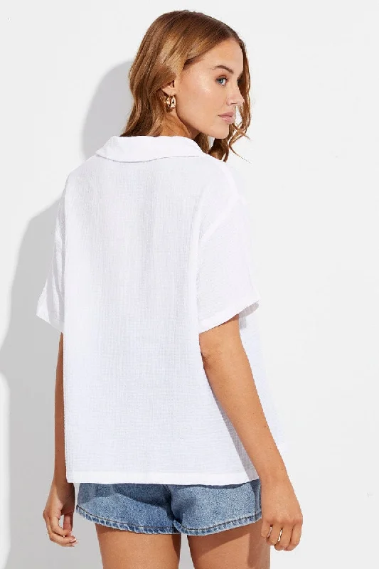 White Textured Shirt Short Sleeve Collared Cotton