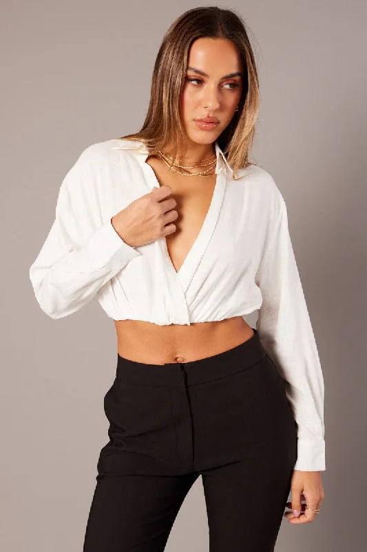 White Twist Front Cropped Relaxed Collared Shirt