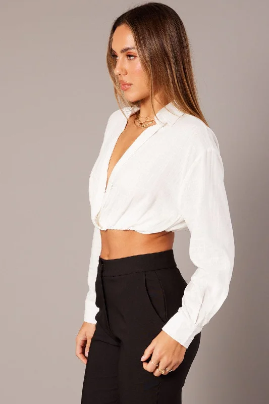 White Twist Front Cropped Relaxed Collared Shirt