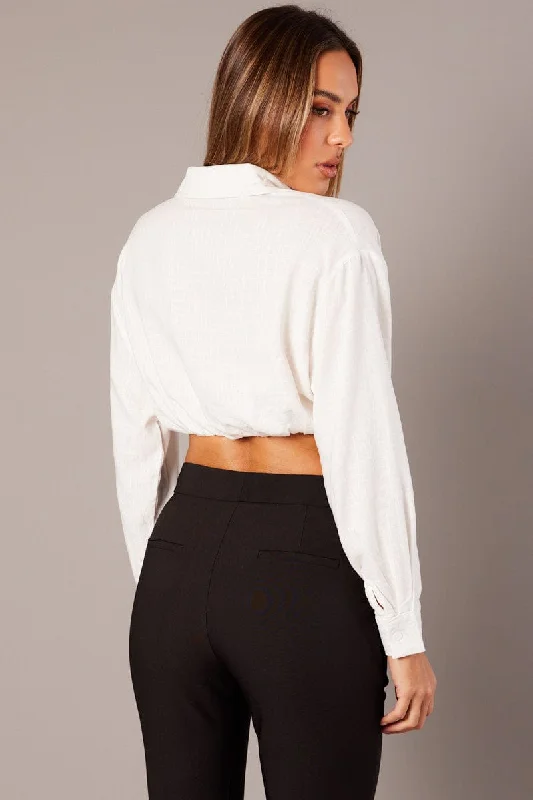 White Twist Front Cropped Relaxed Collared Shirt