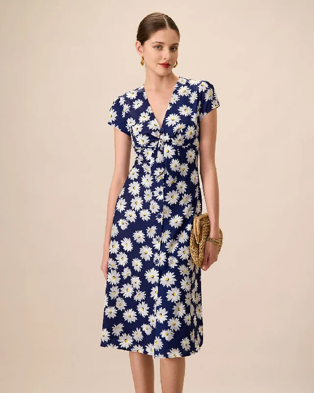 Women's Navy Button-Up Floral Midi Dresses