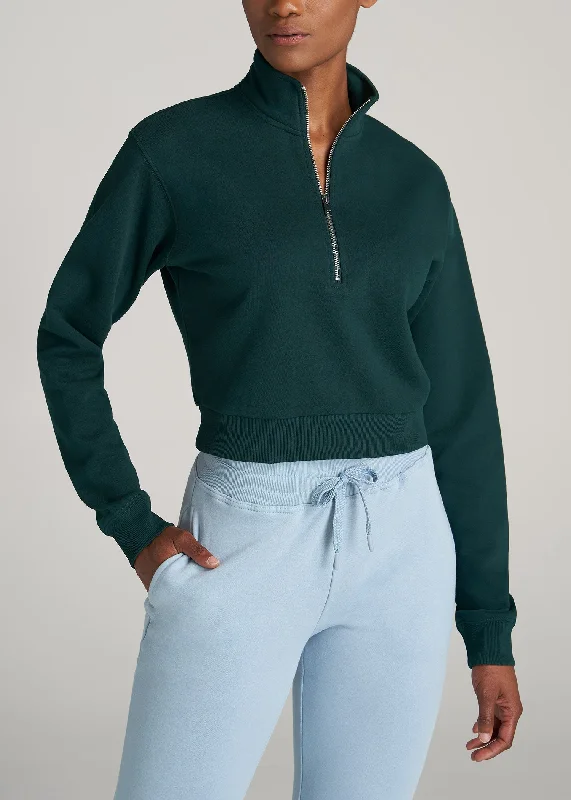 Wearever Fleece Cropped Garment Dye Half Zip Women's Tall Sweatshirt in Emerald