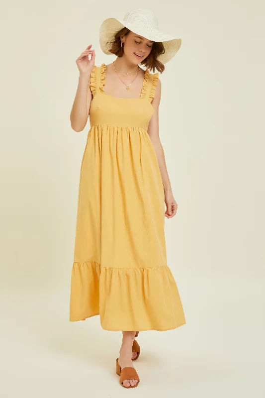 Yellow Ruffle Accent Back Tie Midi Dress