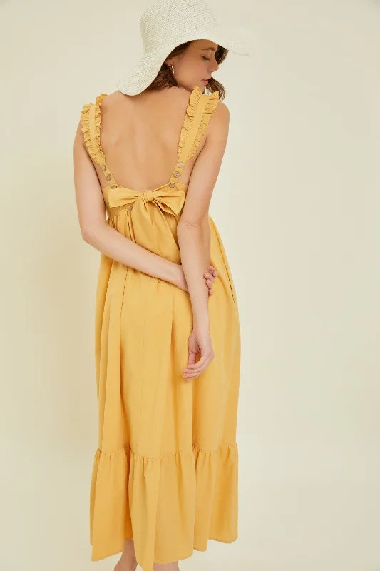 Yellow Ruffle Accent Back Tie Midi Dress