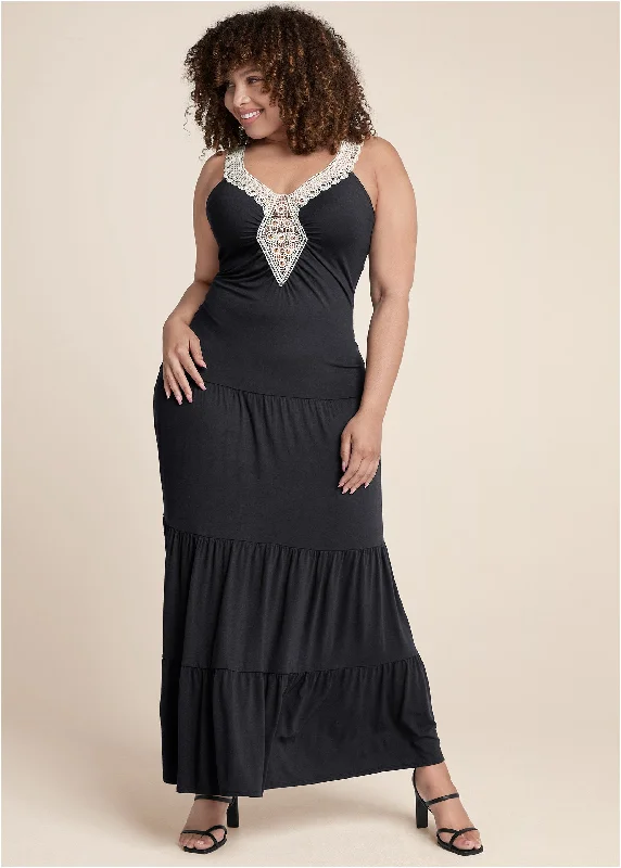 Crochet tiered maxi dress - Black