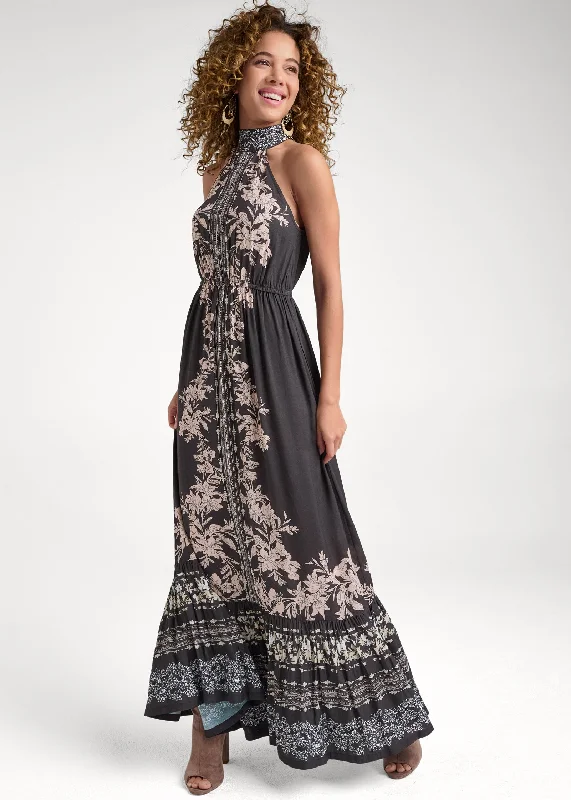 Printed mock-neck maxi dress  - Black Multi