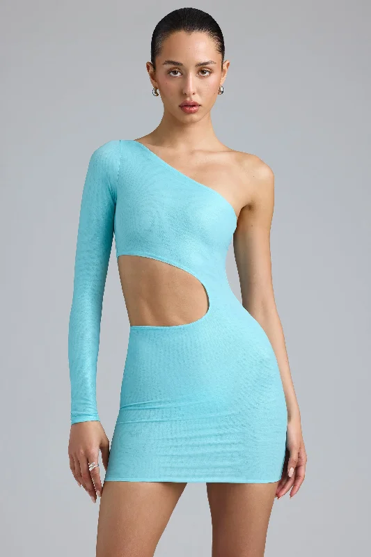 Metallic Cut-Out One-Shoulder Mini Dress in Ice Blue