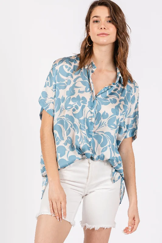 Aqua Floral Button Down Blouse