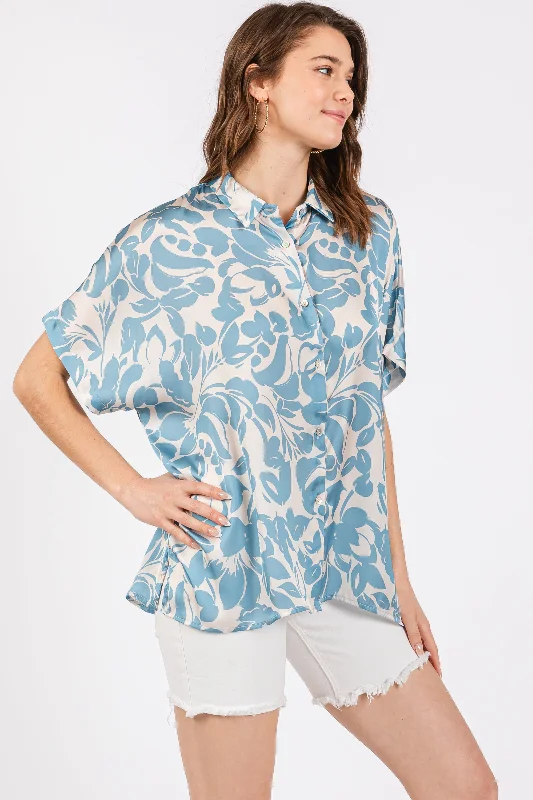 Aqua Floral Button Down Blouse