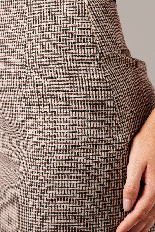 Beige Check Mini Skirt High Rise