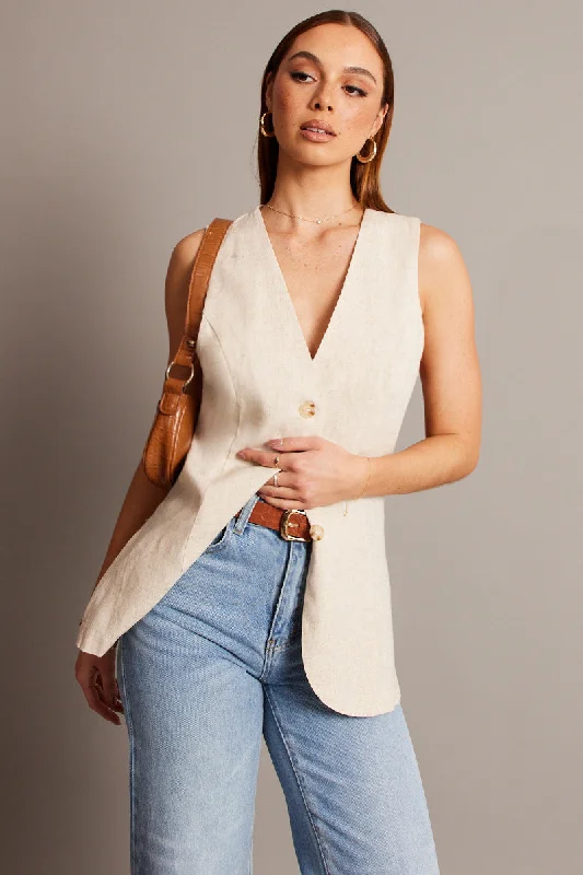 Beige Linen Vest Longline V Neck