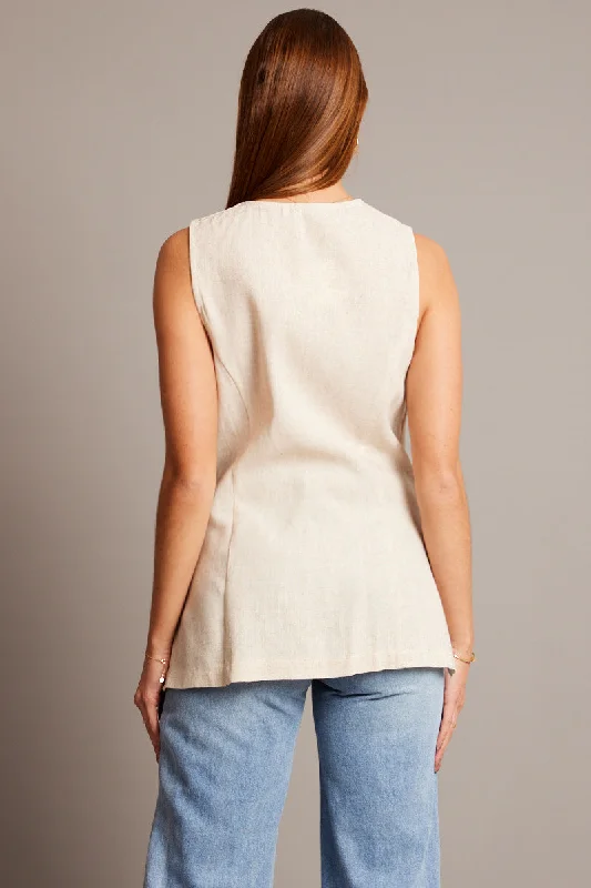 Beige Linen Vest Longline V Neck