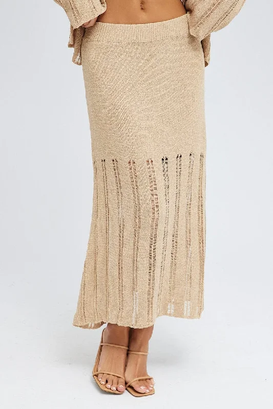 Beige Midi Skirt High Waisted A-line Ladder Knit