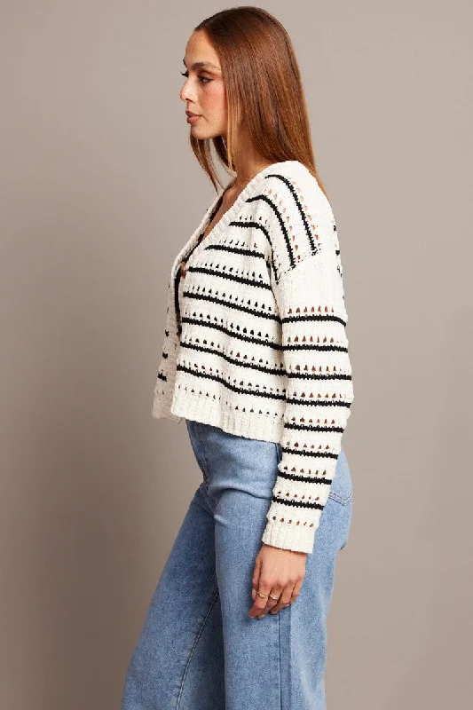 Beige Stripe Oversized Knit Cardigan V Neck Stripe