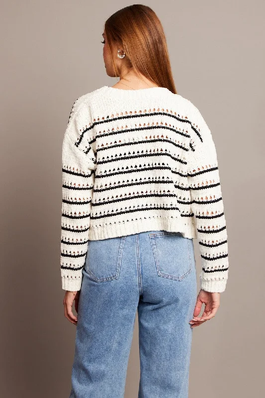 Beige Stripe Oversized Knit Cardigan V Neck Stripe