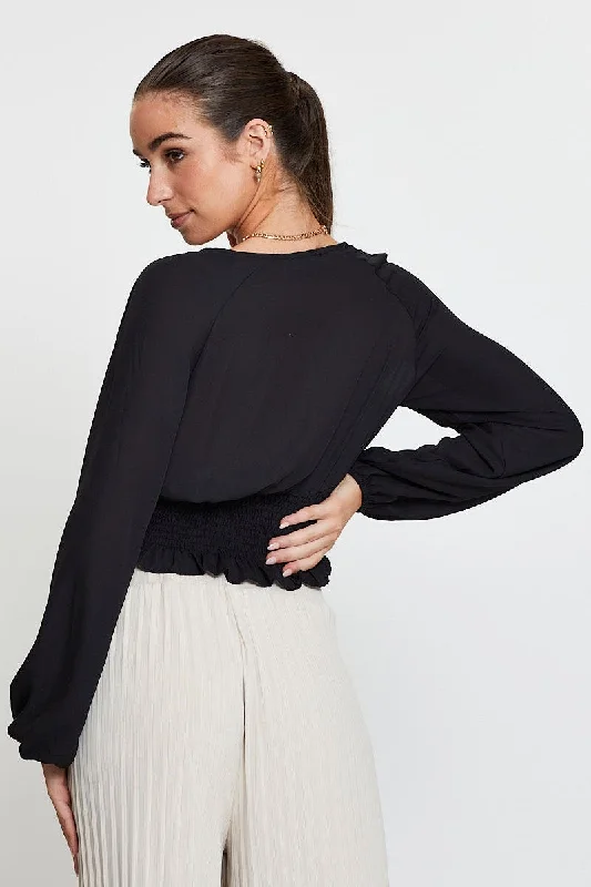 Black Crop Top Long Sleeve V-Neck