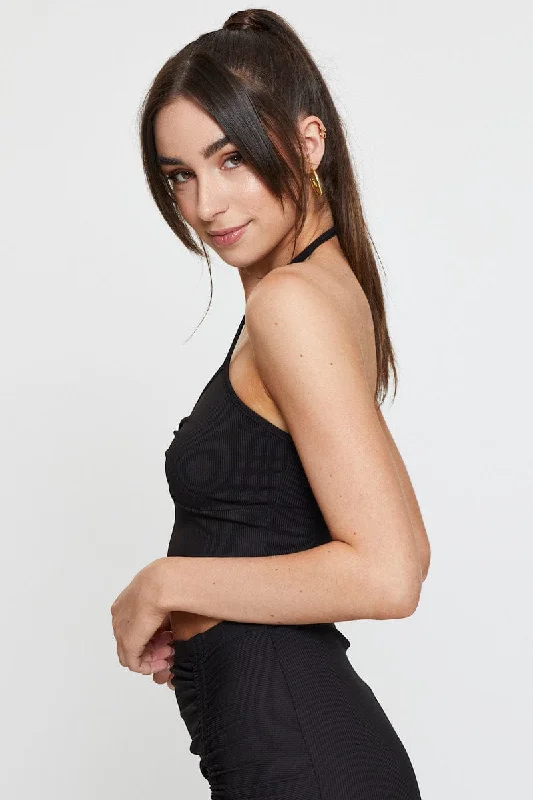 Black Cut Out Crop Top Halter Neck