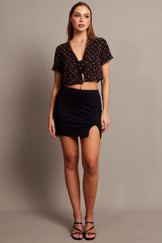 Black Ditsy Tie Cardigan Short Sleeve