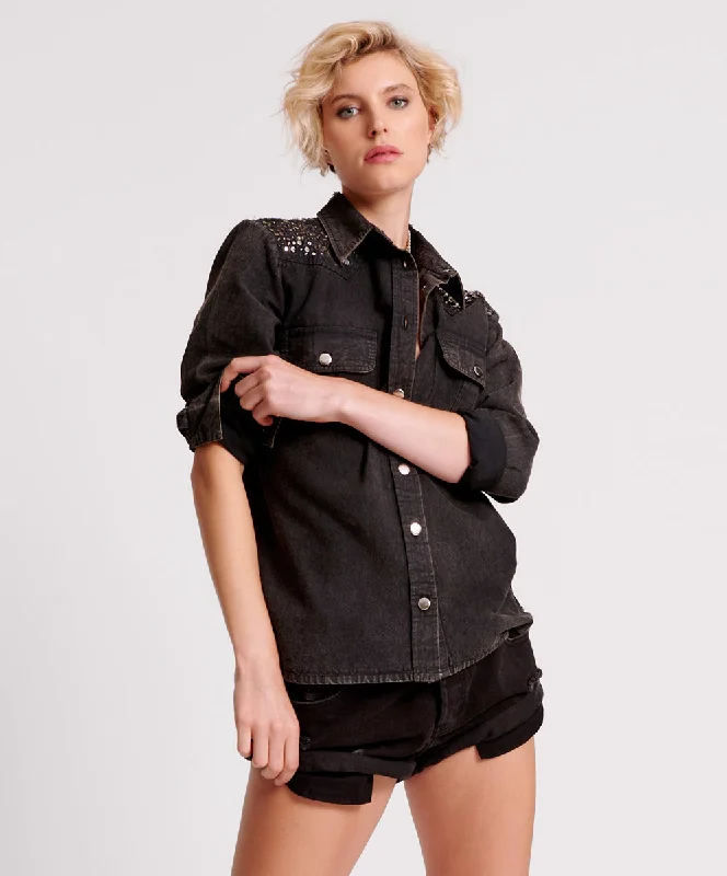 BLACK HAND EMBELLISHED DENIM WESTERN SHIRT