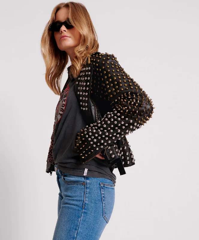 BLACK HELLRAISER STUDDED CROP LEATHER MOTO JACKET