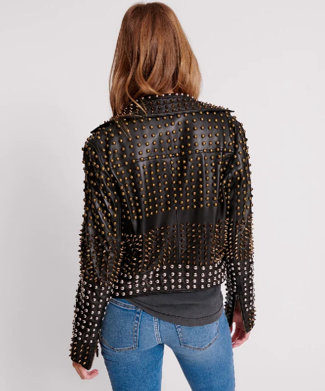 BLACK HELLRAISER STUDDED CROP LEATHER MOTO JACKET