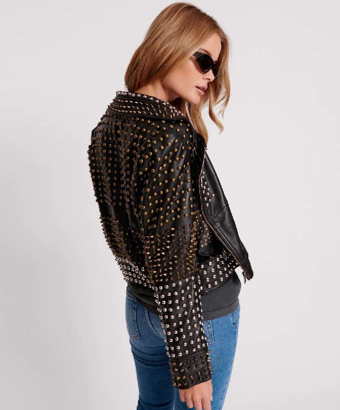 BLACK HELLRAISER STUDDED CROP LEATHER MOTO JACKET