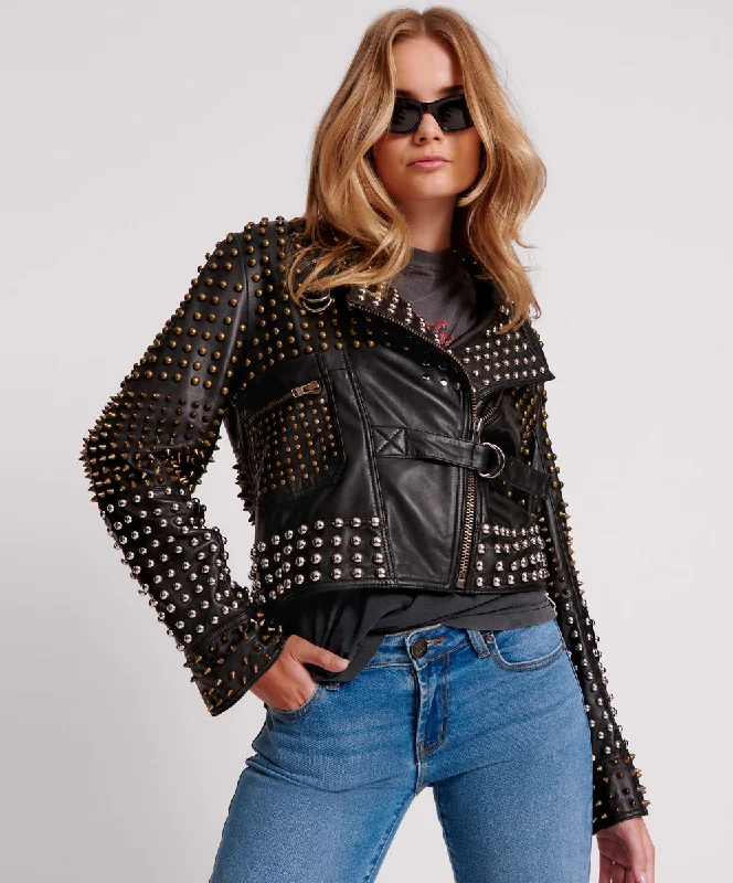 BLACK HELLRAISER STUDDED CROP LEATHER MOTO JACKET