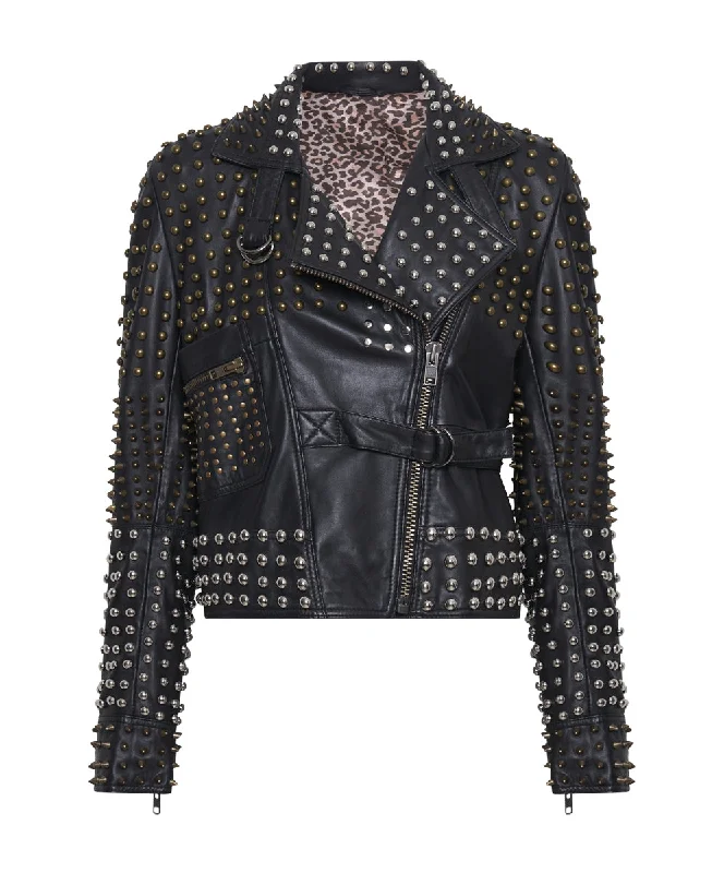 BLACK HELLRAISER STUDDED CROP LEATHER MOTO JACKET