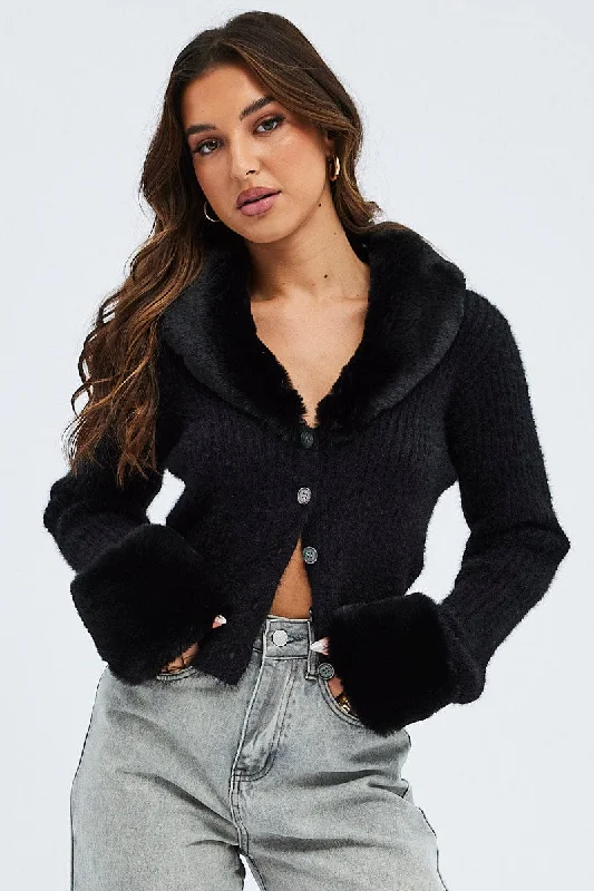 Black Knit Cardigan Fur Trim