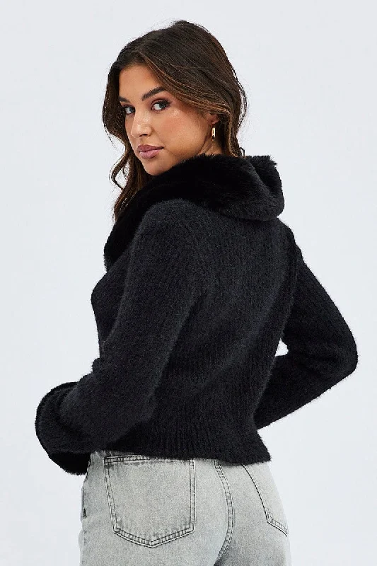 Black Knit Cardigan Fur Trim