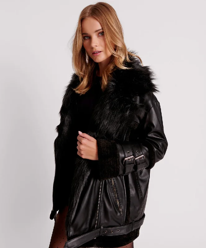 BLACK LEATHER FAUX FUR AVIATOR JACKET