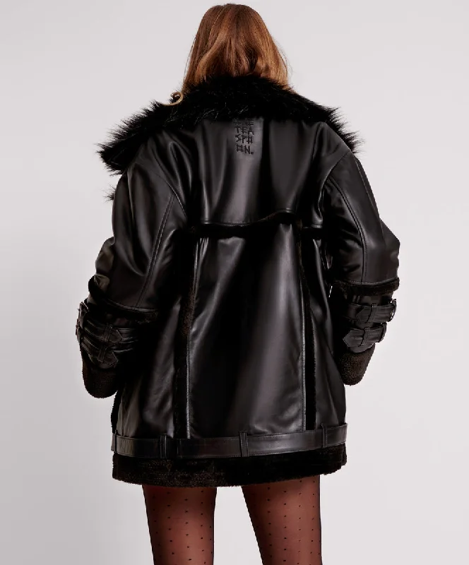 BLACK LEATHER FAUX FUR AVIATOR JACKET