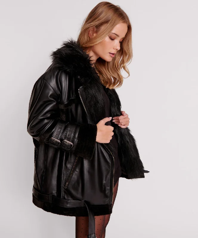 BLACK LEATHER FAUX FUR AVIATOR JACKET