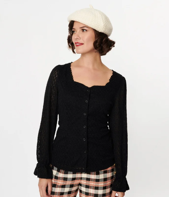 Black Perforated Diamond Knit Cardigan