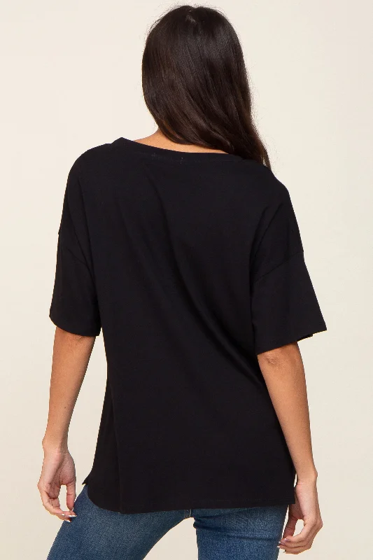 Black Pocketed V-Neck Top