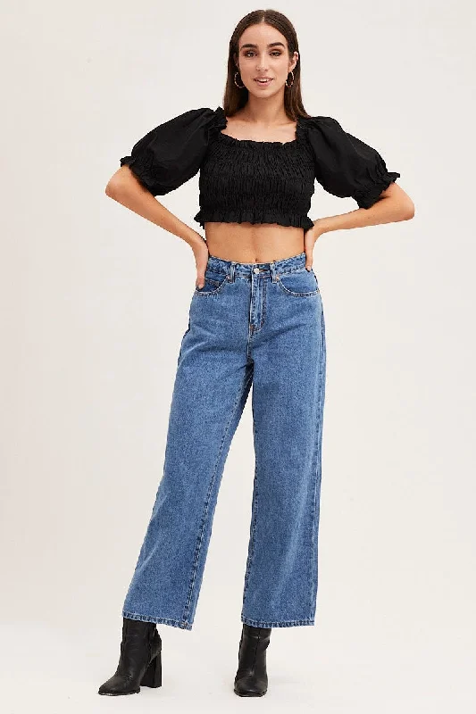 Black Short Sleeve Frilled Edge Shirred Crop Top