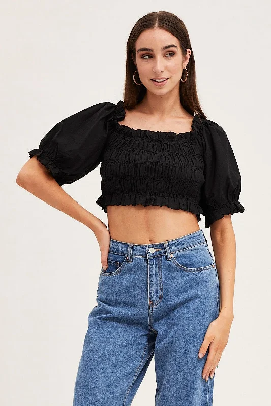 Black Short Sleeve Frilled Edge Shirred Crop Top