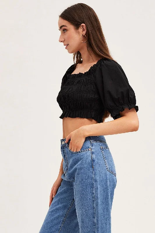 Black Short Sleeve Frilled Edge Shirred Crop Top