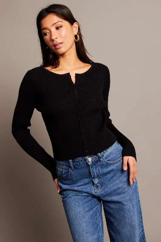 Black Stripe Fitted Cardigan Long Sleeve Round Neck Stripe