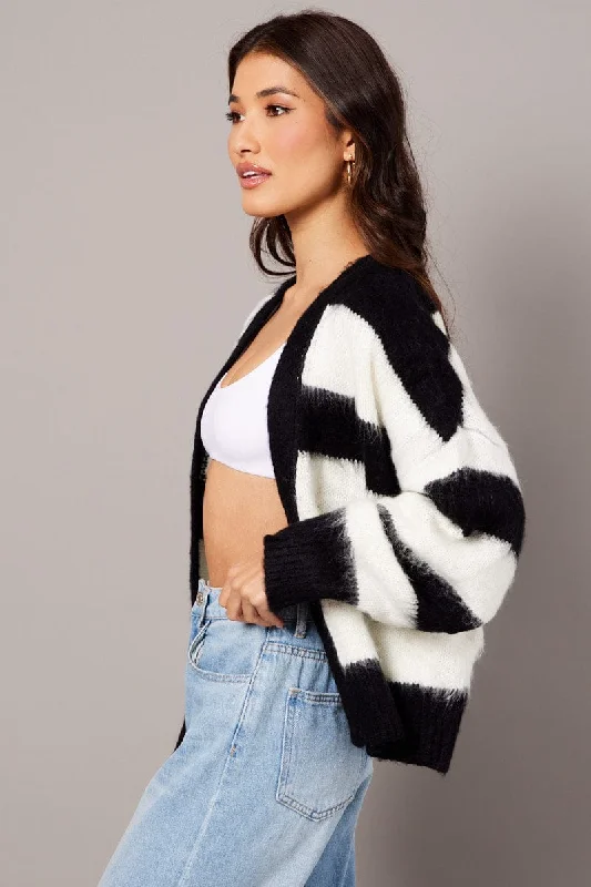 Black Stripe Knit Cardigan Long Sleeve