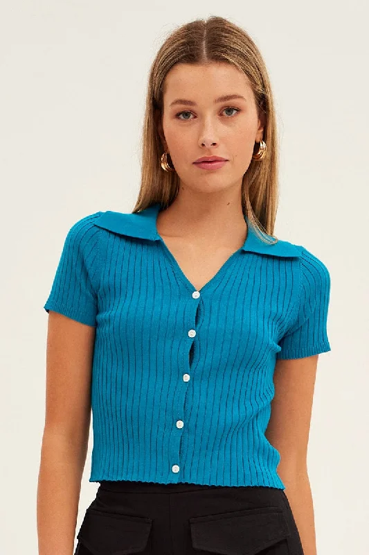 Blue Collar Knit Crop Cardigan Short Sleeve