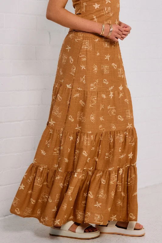 Brown Abstract Maxi Skirt Tiered